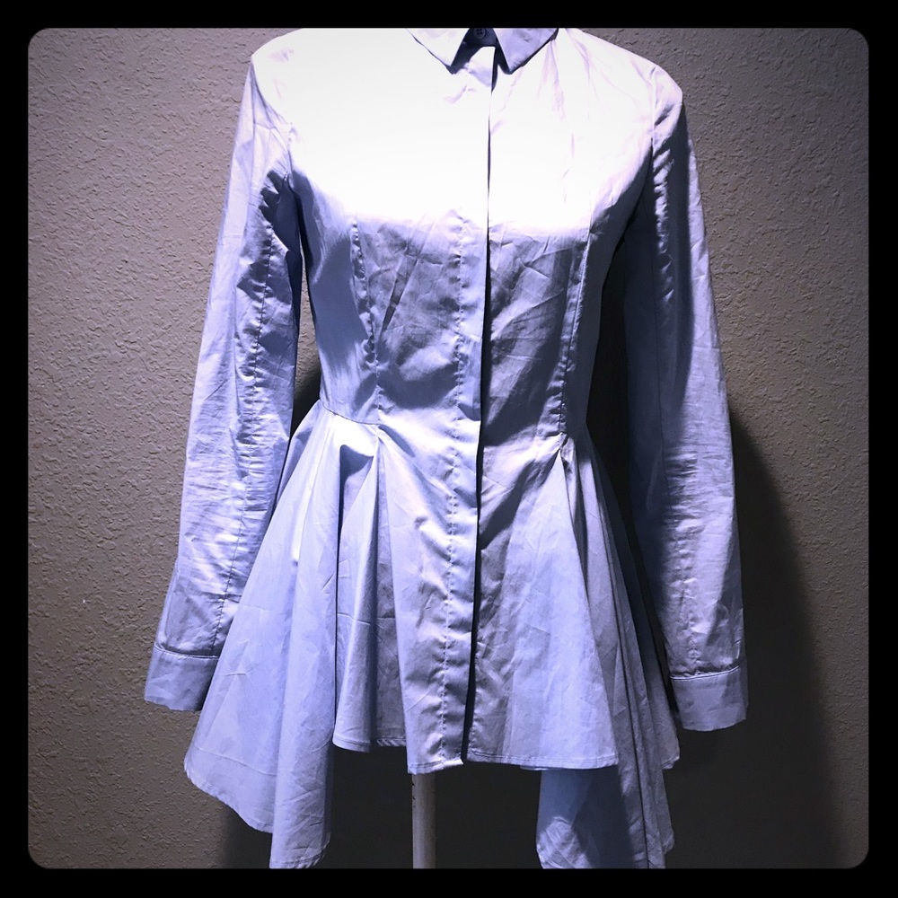 button up blue collared blouse with flared drape